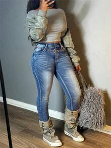 1pc Casual Washed Denim Button Fly Jeans For Women, Everyday & Date Wear, Suitable For Spring/Autumn - Blue - View 4