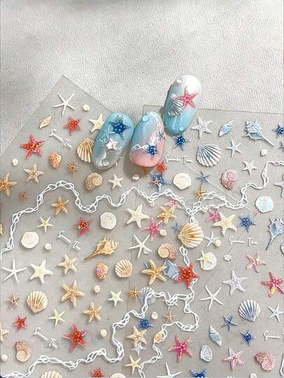 1ชิ้น/2ชิ้น สติ๊กเกอร์ติดเล็บลายเปลือกหอยและปลาดาว 3D, สติ๊กเกอร์ติดเล็บแบบมีกาวในตัวสำหรับวันหยุดริมทะเล - อุปกรณ์ตกแต่งเล็บ, เหมาะสำหรับเด็กผู้หญิงและผู้หญิง, สำหรับเล็บฤดูใบไม้ร่วง/ฤดูหนาว, คริสต์มาส, ฤดูร้อน, เหมาะสำหรับทำเล็บที่บ้านและร้านเสริมสวย