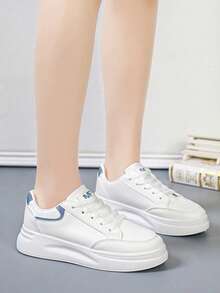 2026新款春秋时尚休闲百搭厚底系带白色厚底运动鞋，防水，女士滑板鞋 - 白藍 - 查看 6