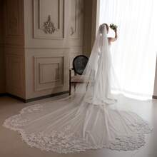 1pc Bridal Veil With Lace Trim And Wavy Edge, Extra Large Trailing Length, Long Wedding Photography Soft Tulle Bridal Accessory