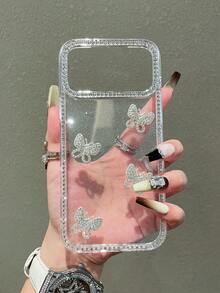 1pc Shiny Transparent Pink Butterfly Decor Full Coverage Phone Case, Compatible With IPhone 17/17 Air/17 Pro/17 Pro Max/16 15, 16 Pro Max; Luxury Phone Case, Compatible With IPhone 13, 14, 12 Pro Max, 11; Shock-Absorbing TPU Protective Cover, Waterproof, Anti-Fall, Anti-Scratch - Clear - View 2