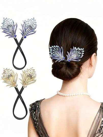 1/2pcs Bun Maker, Crystal Hair Bun Maker (Gold Blue), French Twist Hair Disk For Women Girls, Feather Lazy Hair Curler, Easy Fast Snap Roll Hair Tool, Angle Wings Rhinestone Elastic Hair Ties, Fashion Twist Updo Scrunchies, For Wedding, Party, Vacation, Valentine's Day, Mother's Day Use