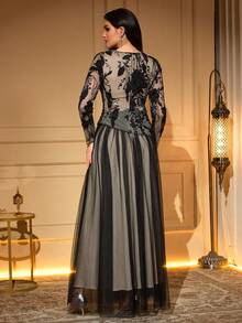 Women's Elegant Long Dress With Sheer Mesh, Floral Embroidery, And Sequin Accents, Suitable For Daily Wear, Parties, And Weddings Spring Party Black - Black - View 9