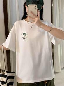 1 pieza de camiseta relajada para mujer - lavable a máquina, camiseta con estampado de árbol de coco, adecuada para viajes y uso vacacional, estilo de verano, ropa de mujer. - Azul claro - Ver 2