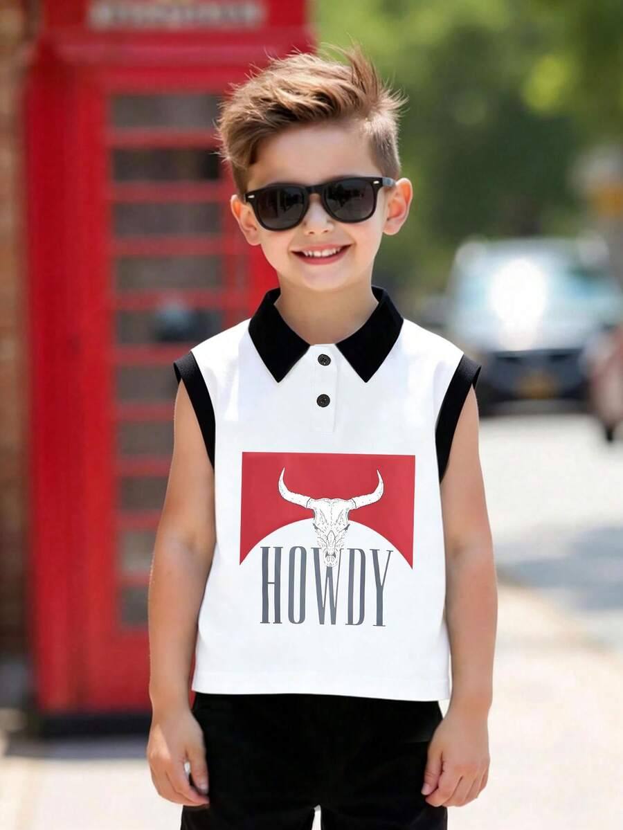 Tween Boy Casual Sleeveless Design Bullhorns And "HOWDY" Letter Print Tank Top - Black - View 1