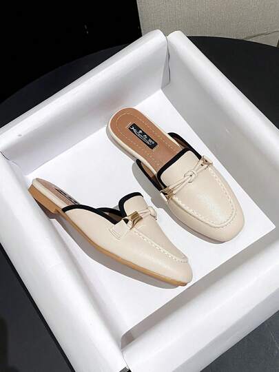 Mengshangli Women's Fashion Slip-On Mule Flats, Solid Color Beach Sandals With Metallic Trim, Suitable For Beach, Office, Vacation, Spring/Summer