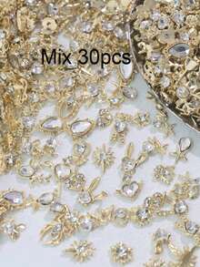30pcs/50pcs 3D Golden Nail Art Decorations, Suitable For Acrylic Nails, Mixed Styles, Rhinestone Nail Jewelry, Metallic Nail Pearls, Shiny Zirconia Nail Diamonds, Alloy Nail Art Accessories, Pearl Nail Gems, Cute Nail Design Charms - White - View 12