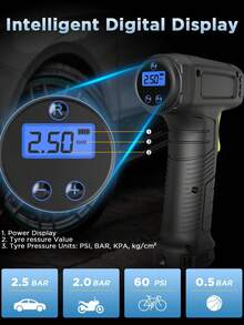 150 PSI 便攜式充氣機，附數位胎壓計、自動充氣泵與 LED 燈；12V 車用充氣機，適用於摩托車、自行車與球類；有線款（無電池）僅限汽車使用 7.4V 2000mAh - 黑色 - 查看 3