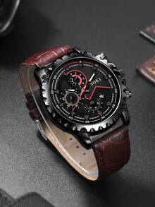 LIANDU LIANDU 1 Set Men's Watch, Casual & Fashionable, Large Dial With Calendar Function, PU Leather Strap Quartz Watch. Includes 1 Matching Cross-Grain Leather Strap. Suitable For Daily Wear Or As A Gift. No Packaging Box Included. - Brown - View 4