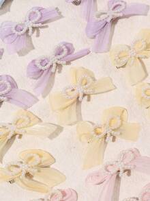6pcs Girls' Cute Pearl Mesh Bow Hair Clips, Suitable For Daily Wear - Multicolor - View 1