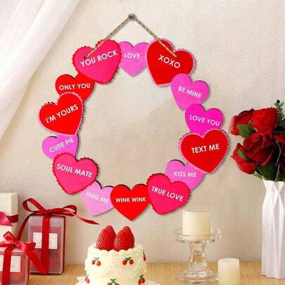 1个情人节心形花环，可作前门花环、情人节木质挂饰、心形情人节门环、木质墙挂牌，适用于情人节室内家居装饰