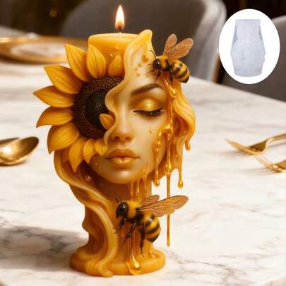 1pc Sunflower & Bee Themed Silicone Mold, 3D Embossed Handmade DIY Mold With Half-Face Sunflower, Dripping Honey, And Bee Elements, Flexible And Easy To Demold, Suitable For Making Candles, Resin Decorations, Gypsum Crafts - Can DIY Artistic Bee & Sunflower Anthropomorphic Candles, Niche Aesthetic Decor, Creative Handmade Gifts, Infusing Romantic Fantastical Anthropomorphic Natural Beauty Into Handicraft Projects