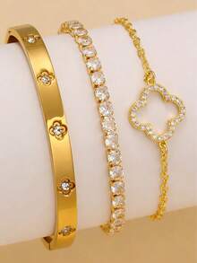 New Luxury Sparkling Four-Leaf Clover Bracelet Set, Suitable For Daily Wear And Gift Giving - Yellow Gold - View 11