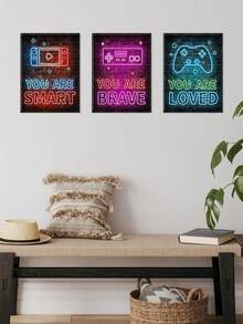 Set Of 3 Retro Design Wall Art, Gaming Controllers Canvas Print Wall Painting, Motivational Quotes Poster, Neon Signs Artwork, Brick Wall Background Painting, Positive Affirmations Wall Decor, Home Decor, Posters, Ideal Gift