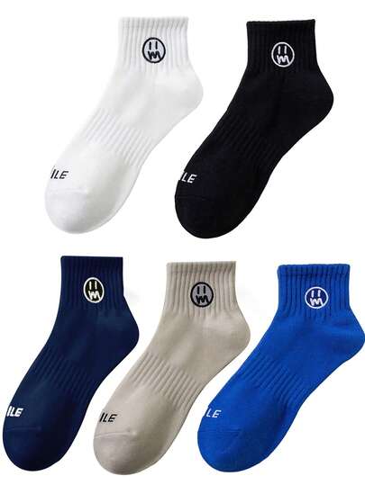 10pcs/6pcs/5pcs Smile Face Short Socks, Thick Breathable Casual Socks For Men And Women, Pure White Sports Socks, Moisture-Wicking, Odor-Resistant, Letter Socks, Suitable For Adults And Students, Spring/Summer