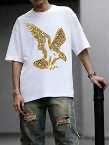 Mens 180G Heavyweight Cotton T Shirt Golden Eagle Soaring Print With Shiny Detail American Spirit Theme Street Casual Style Daily Outing Essential Top, Available In Sizes 4XL And 5XL - 白色 - 查看 2