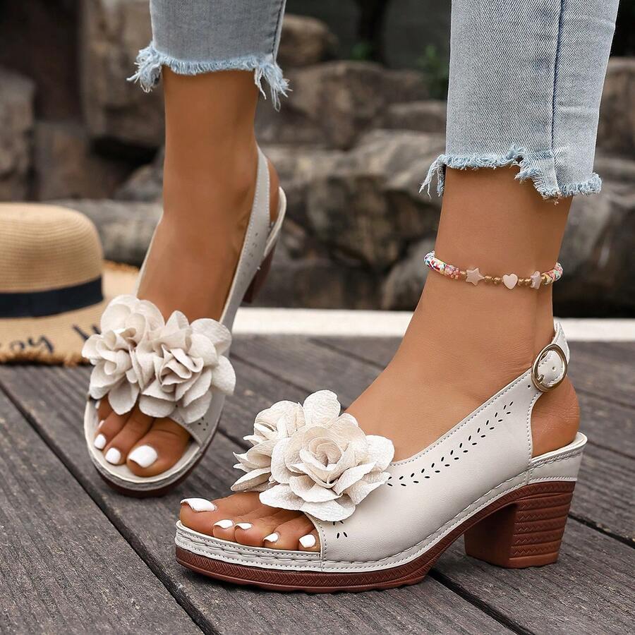 New Fashionable Versatile Casual Lightweight Open Toe Chunky Heel Single Strap Floral Beach Sandals - Beige - View 1