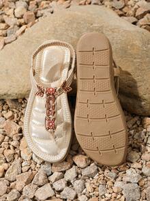 Women's Rhinestone Embellished Flat Thong Sandals, Summer 2025 - Gold - View 4