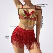 两件套亮片服装套装和流苏裙，性感闪亮肚皮舞表演服，配有可调节腰带，适合夜总会派对、嘉年华舞台表演，复古波西米亚风格 - 紅色 - 查看 4