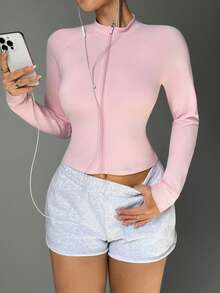 Stand Collar, Full Zip, Waist Cinched Design, Chest Seam Graphic Pattern, Street Style Zip-Up Jacket, Shaping Activewear Jacket, Stretchy Fitness Jacket, Waist Shaping, Women's Street Style Zip-Up Sports Jacket, Slim Fit - Pink - View 5