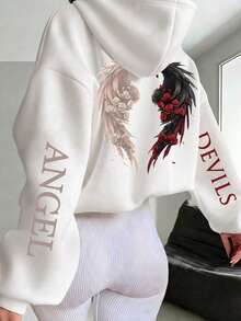 Sweatshirt Wanita Ukuran Besar Motif Sayap Dekorasi Mawar, Modis, Longgar, Kasual, Musim Gugur/Dingin, Putih, Musim Semi - Putih - View 1