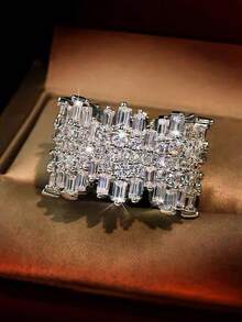 1pc Luxury Geometric Zirconia Encrusted Cocktail Ring, Elegant & Sophisticated Design, Suitable For Women's Wedding, Party, Holiday, Pair With Evening Gown - Silver - View 3