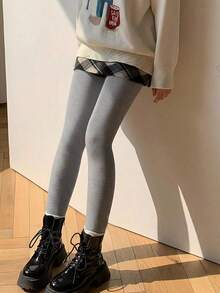 Women's Thick Thermal Lined Leggings With Vertical Stripes, High Elasticity Wool Blend Thermal Tights, Suitable For Autumn/Winter Home, Casual, And Business Wear - Light Grey - View 5