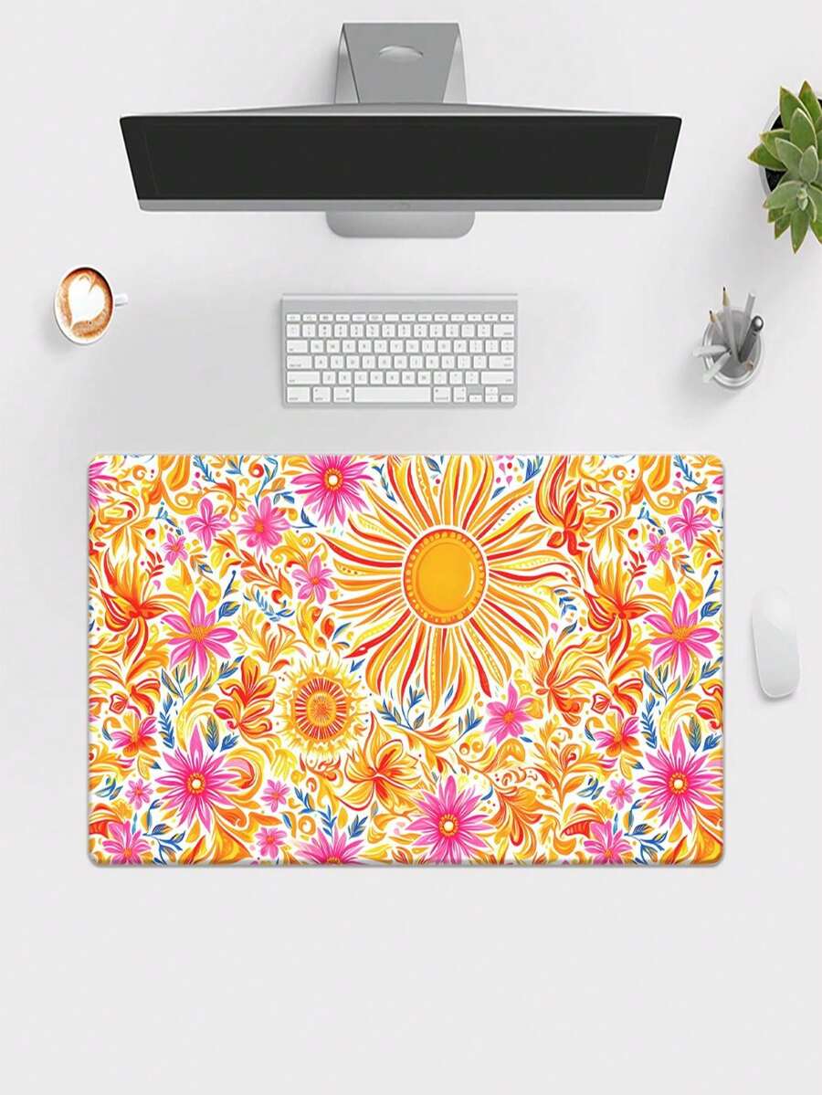 1pc Sunflower & Sun Pattern High Definition Printed Desk Mat, Multifunctional Extra Large Mouse Pad, Keyboard Gaming Mouse Pad, Office Computer PC Gamer Desk Mat, Suitable As Gift For Friends And Family - Multicolor - View 1