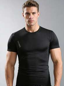 1pc Men's Summer T-Shirt, Quick-Dry Breathable, Shoulder Letter Print, Suitable For Men's Daily Wear - Black - View 7