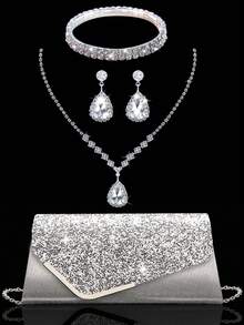 Luxury Sparkling Sequin Evening Clutch Handbag, Elegant New Women's Party Bag And Wedding Bag, Paired With A Sparkling Three Pieces Rhinestone Set, Including A Rhinestone Necklace And Earrings, Matching A Bride's Sequin Wedding Dress Or A Party Sequin Evening Gown, Suitable For Parties, Dinners, Weddings, And Gatherings. - Silver - View 10