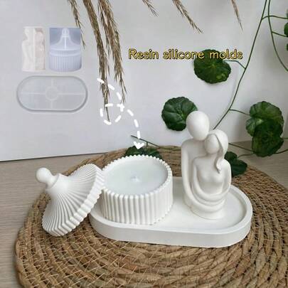 3pcs DIY Resin Mold Set, Includes Couple Hugging, Striped Candle Holder, Oval Tray, Suitable For Making Epoxy, Plaster, Candle, Aromatherapy, Storage Items, Home Decor, Silicone Mold
