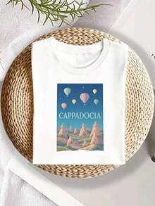 Paisaje de formaciones rocosas únicas con globos aerostáticos sobre Cappadocia evocando aventura y libertad camiseta para niña% algodón confortable - Blanco - Ver 3