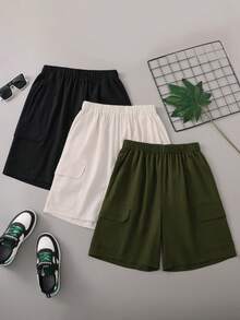 3pcs/Set Lightweight Woven Fabric Casual Cargo Shorts With Large Pockets, Fashionable Outdoor Sports Style For Teenagers, Summer