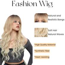 Peluca rubia ombre con flequillo, peluca larga y rizada ondulada ombre, peluca de cabello sintético para uso diario, fiestas, disfraces y cosplay - Peluca negra con flequillo rubio - Ver 5
