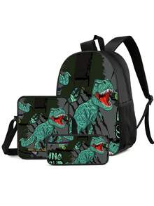 3pcs Boys' Backpack Set - Dinosaur Pattern Fabric, Large Capacity Multi-Function Zipper Closure, Casual Schoolbag, Suitable For Daily Use And Travel