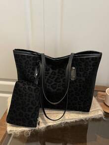 2pcs Large Capacity Leopard Print Faux Leather Tote Bag, With Dual Handles, Ideal For Commuting, Work Or School.,Business Professional Women - Black - View 8
