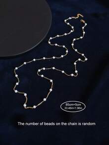 1 件金色不锈钢 18K 镀层链条配人造珍珠长项链，优雅奢华风格，适合日常佩戴 - 金色 - 查看 3