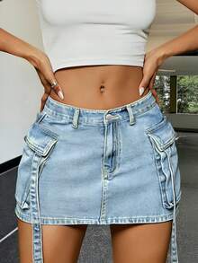 Fashionable Straight Fit Mini Skirt, Casual Street Style Multi-Pocket Design, Women's Washed Light Blue Denim Skirt - Light Wash - View 2