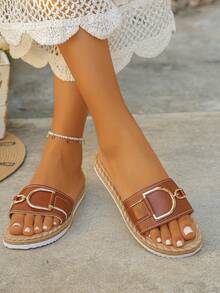 Sandalias planas de playa de PU de color marrón óxido versátiles y de moda para uso diario casual, tallas grandes del 35 al 45, para mujeres - PU marrón óxido - Ver 1