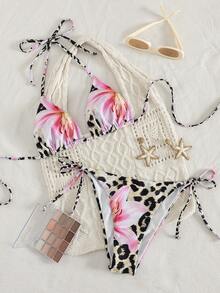Bộ đồ bơi bikini hở lưng buộc dây phía trước họa tiết hoa gợi cảm, kỳ nghỉ ở bãi biển, xuân/hè - màu nâu - Xem 5
