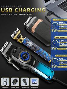 LQT 1/2/3pcs Professional Hair Clipper & Beard Trimmer Set, Men's Cordless Electric Hair Clipper, USB Rechargeable & Digital Display, Men's Grooming Tools, Portable Electric Shaver, Home Haircut Kit, Christmas Gift For Dad, Gift For Men - Multicolor - View 4