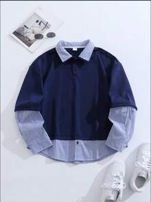 Áo polo nam dài tay kẻ sọc tương phản, kiểu dáng rộng rãi, thoải mái, phong cách thể thao sinh viên, thích hợp cho mùa xuân và mùa thu. - Màu xanh hải quân - Xem 2