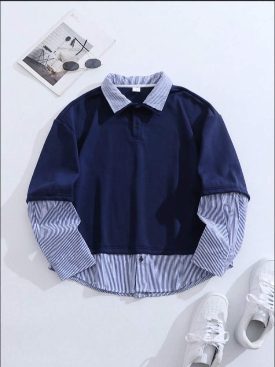 Áo polo nam dài tay kẻ sọc tương phản, kiểu dáng rộng rãi, thoải mái, phong cách thể thao sinh viên, thích hợp cho mùa xuân và mùa thu.