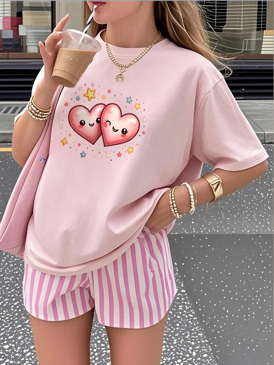 【情人节】少女及青少年学生休闲趣味爱心印花圆领短袖T恤，夏季上衣 - 粉色 - 查看 1