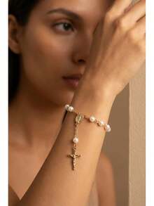 "Cute Faux Pearl Rosary Bracelet With Cross & Virgin Mary Charm - Dainty Religious Spiritual Jewelry For Women Daily Wear" - Pearl - View 1