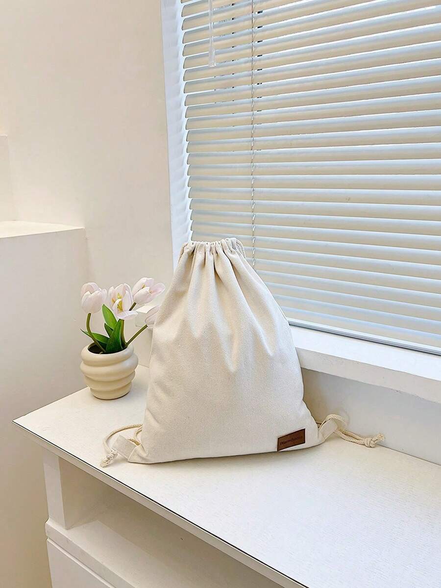 New Canvas Drawstring Backpack, Shoulder Bag With Pockets, Shopping/Student Bag, Back To School - Beige - View 1
