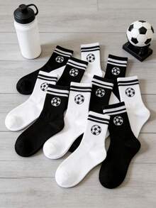 1/10双装男女通用黑白条纹足球中筒袜，休闲舒适，柔软亲肤，适合日常穿着、运动、旅行、学院风搭配，四季皆宜。 - 黑與白 - 查看 5