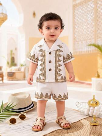 Baby Jungen Sommer Kurzarm Lässig Floral Retro Muster Hemd mit Kragen und elastischer Taille Aprikose Floral Retro Muster Shorts Set, geeignet für Partys und Zusammenkünfte