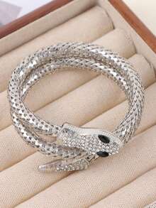 1 pieza Brazalete envolvente con diseño de serpiente enjoyado con rhinestones, accesorio de moda para mujer - Plateado - Ver 3