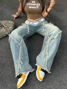 Y2K Retro Fringe Hem Slant Pocket Straight Leg Casual Outdoor Pants - Retro Blue - View 1